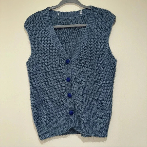 Women’s  Blue Coloured Button Down Knitted Coastal Grandma Sweater Vest No Tags - Picture 1 of 16